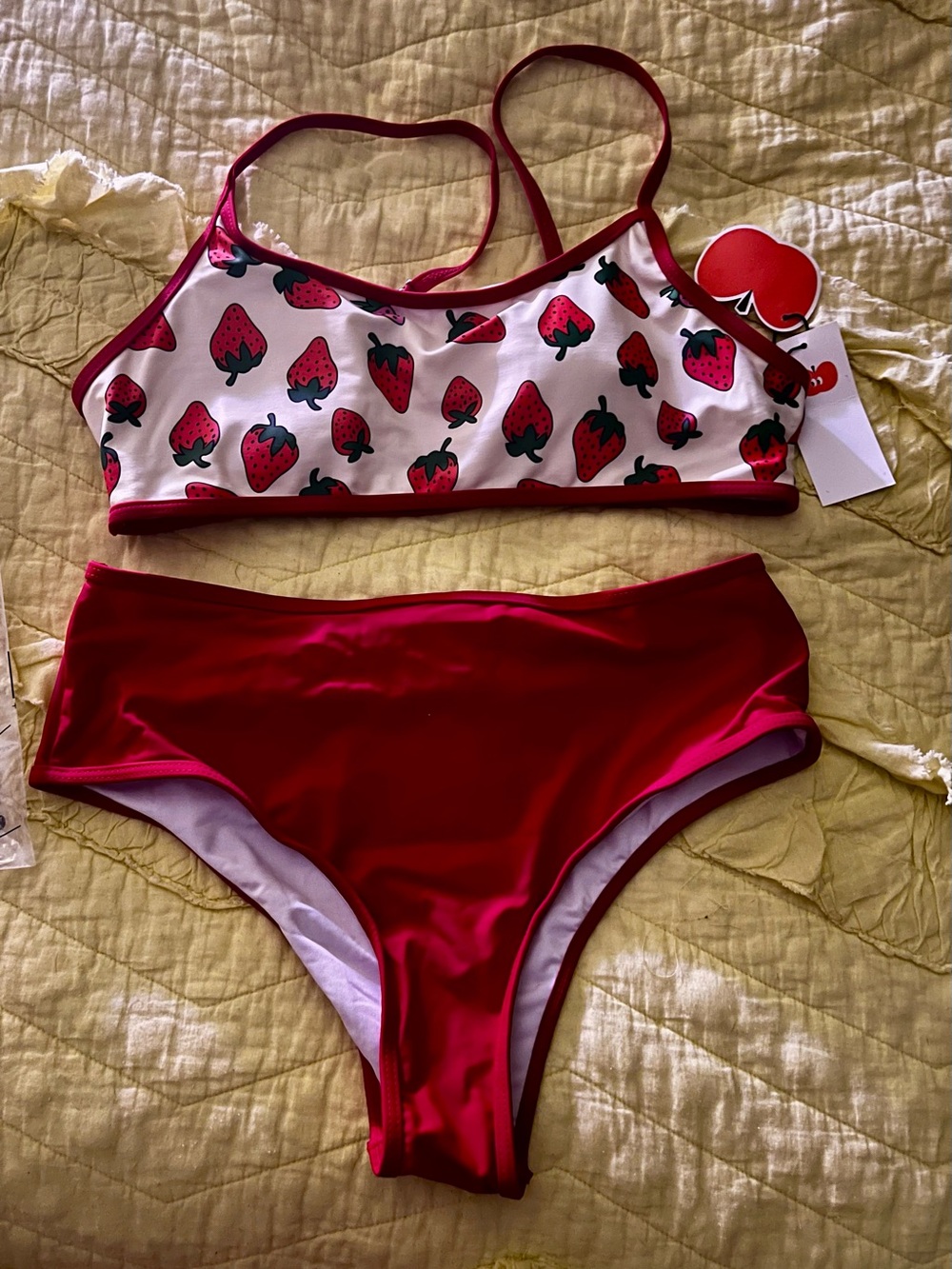 🍓 NWT Cider Strawberry Bikini w/ High Waist Solid Red bottoms